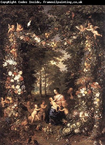 Jan Brueghel The Elder Heilige Familie in einem Blumen und Fruchtekranz